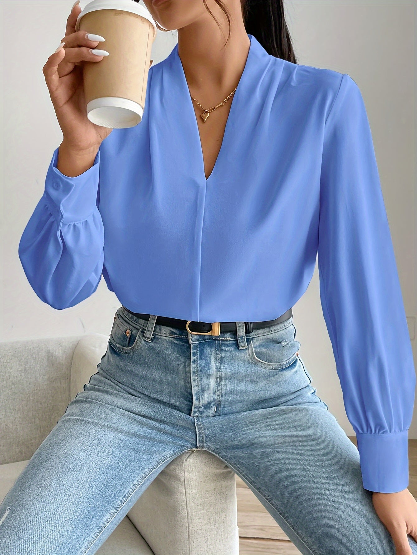 Snygga Blusar Dam Vit V-Hals Polyester Elegant-5