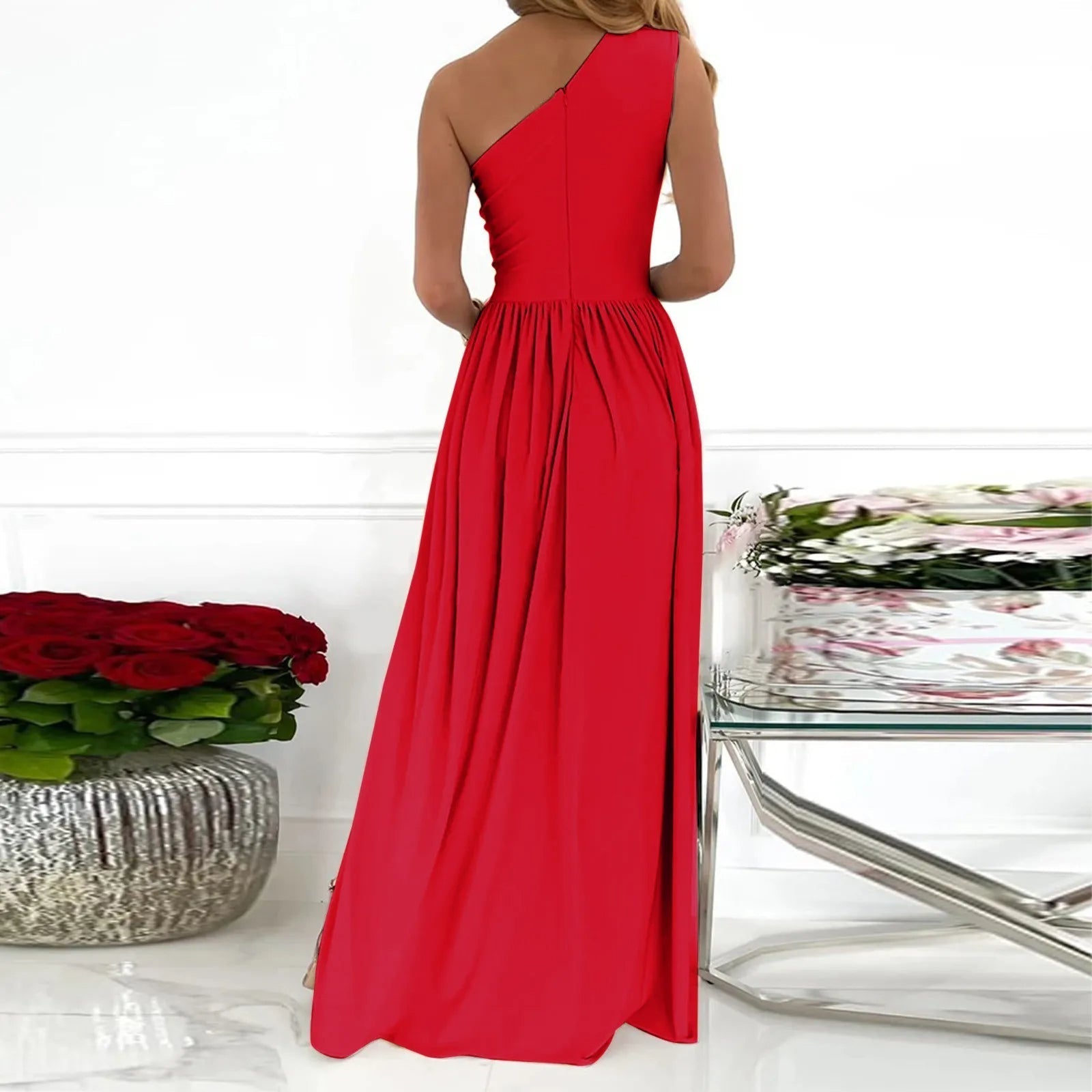 Kvinnors Axelklänning Asymmetrisk Hög Split Polyester 4