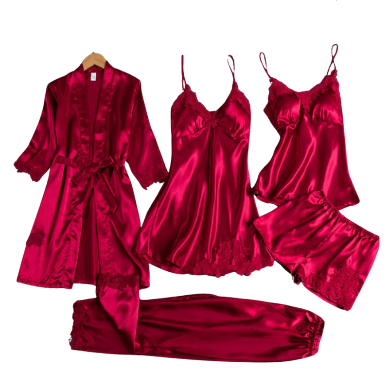 5-i-1 Satin-stil Nattkläder Set | Satin-stil Nattlinne & Pyjamas | Lyxigt Sovplagg Dam