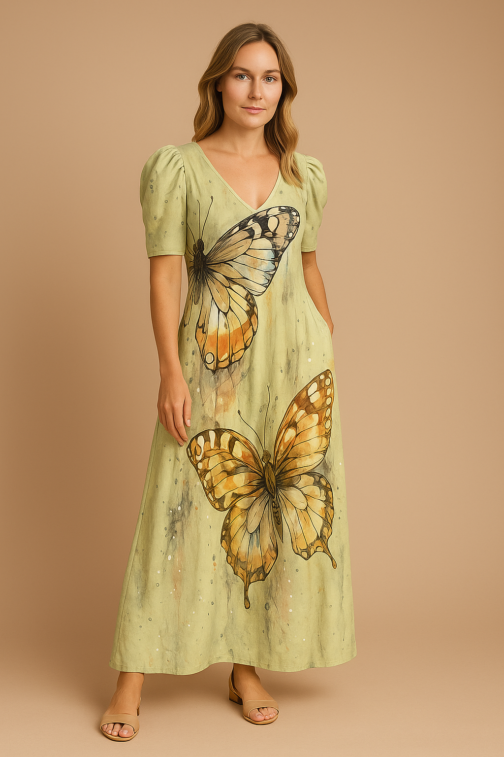 Damklänning | V‑Ringning Klänning | Loose Fit Fjärilstryck