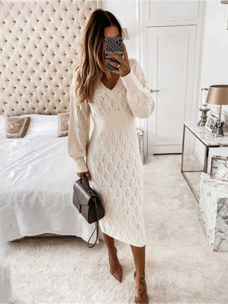 Dam Klänning MIDI V-ringning Långärmad Bomullsblandning-1