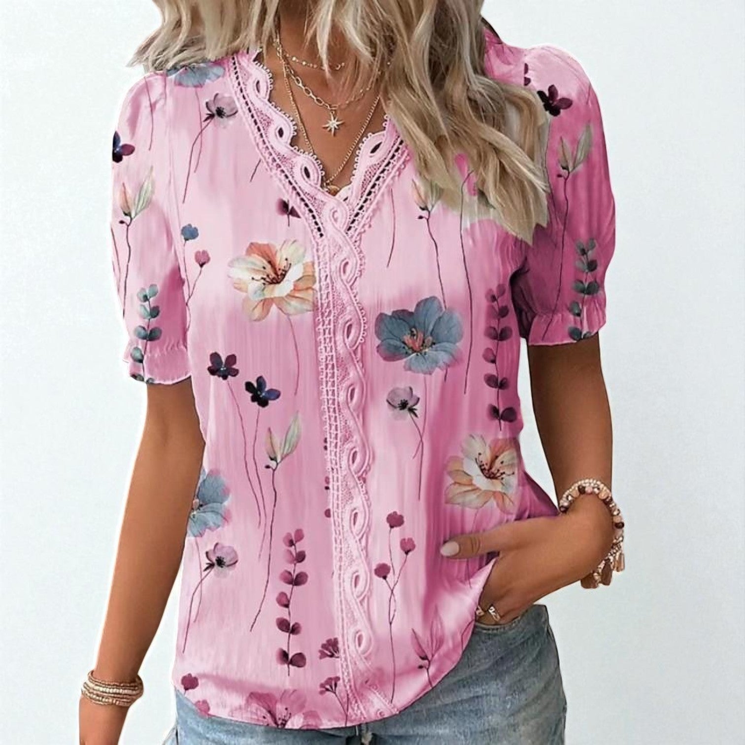 Dam Blus Latt Bomull Blommigt Tryck Feminin