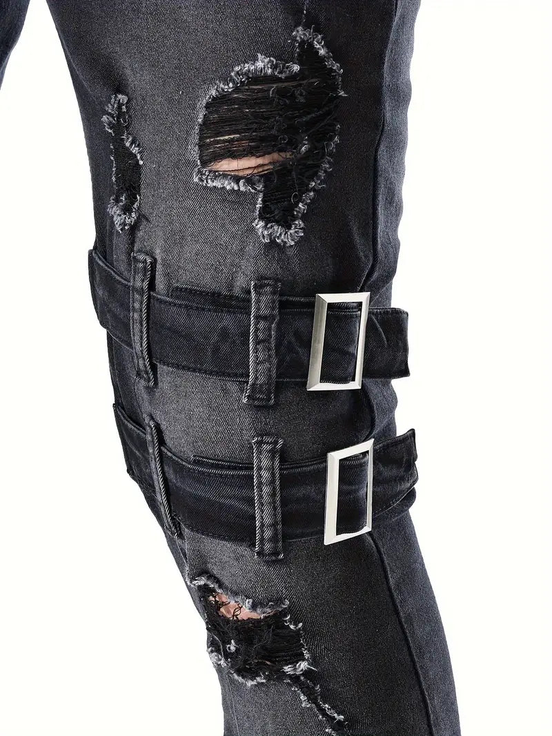 Herr Biker Jeans Avslappnad Denim Med Quiltade Detaljer-6
