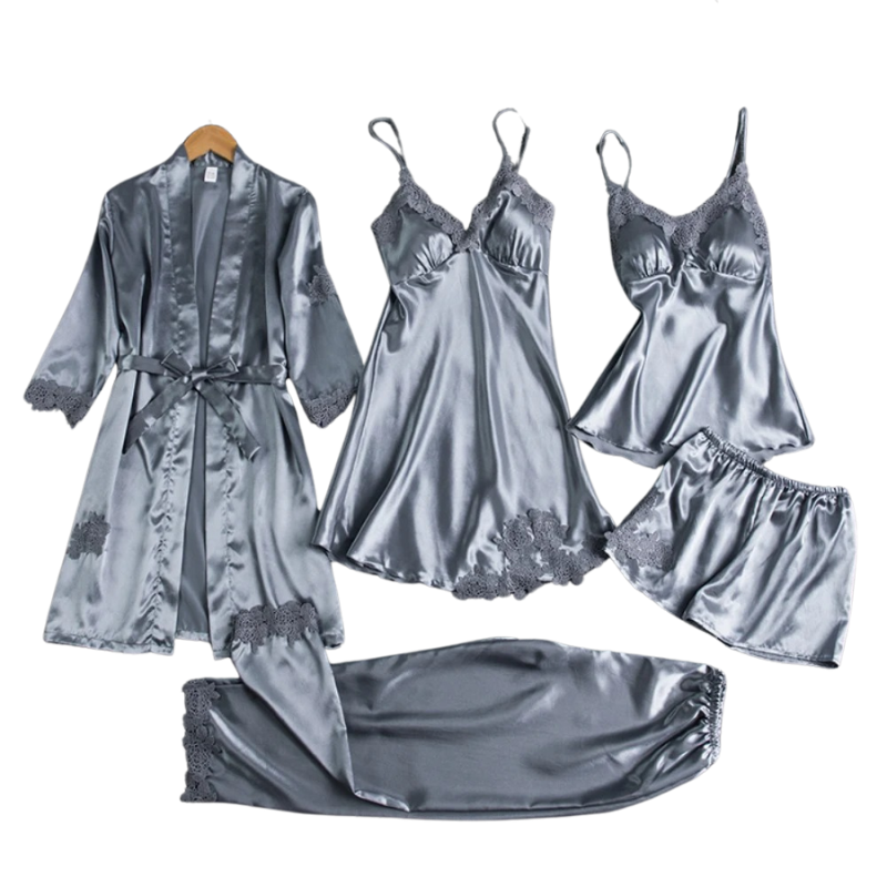 5-i-1 Satin-stil Nattkläder Set | Satin-stil Nattlinne & Pyjamas | Lyxigt Sovplagg Dam