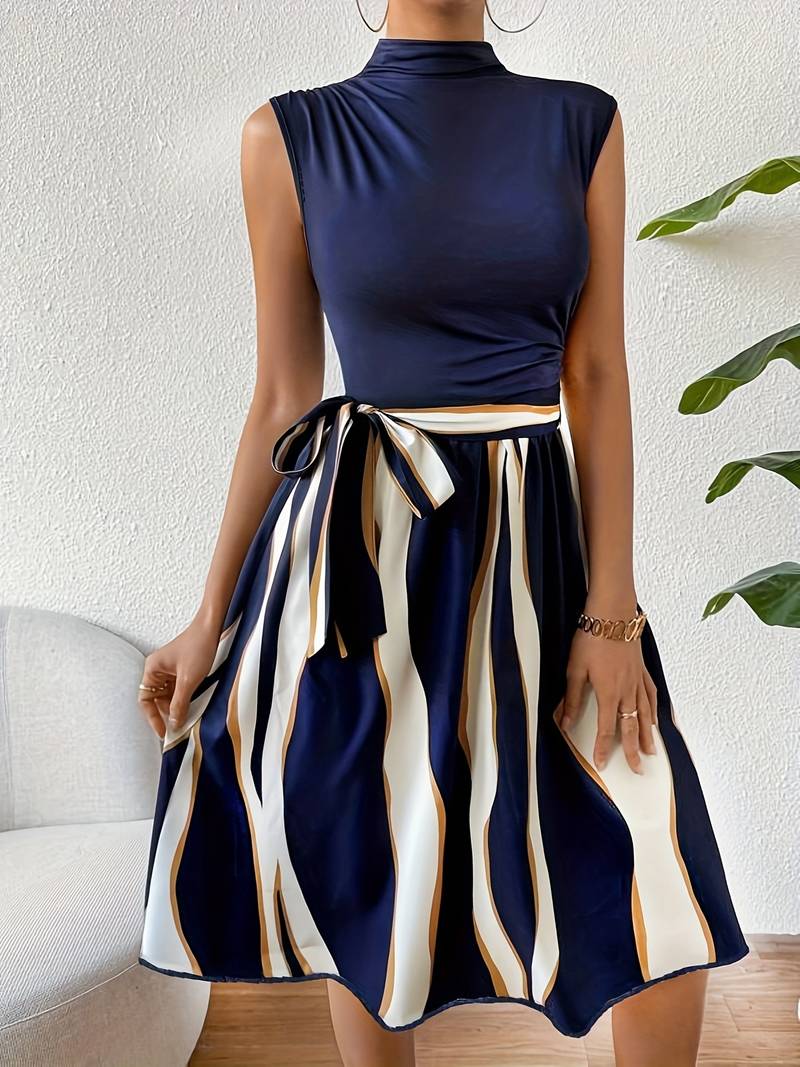 Damklänning i Lapptäcksstil med Bälte och Mönster - 100% Bomull-2