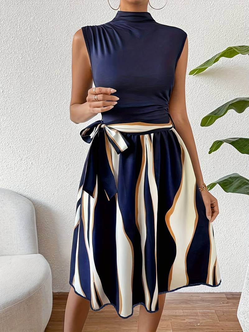 Damklänning i Lapptäcksstil med Bälte och Mönster - 100% Bomull-3