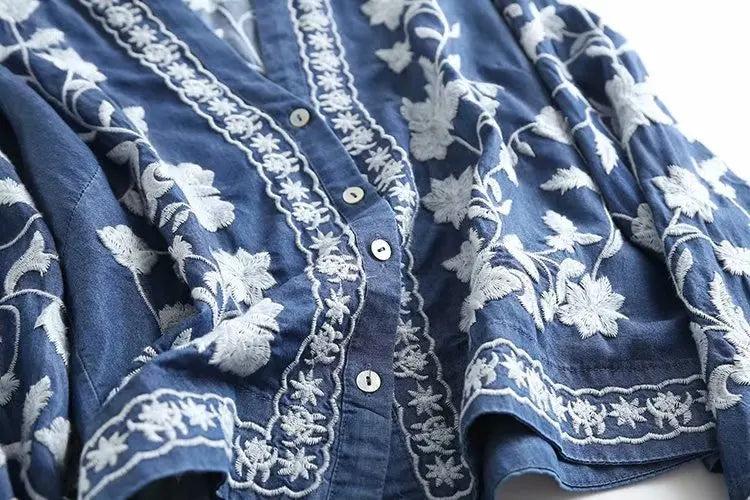 Dam Blus Boho Denim Avslappnad Stil 4