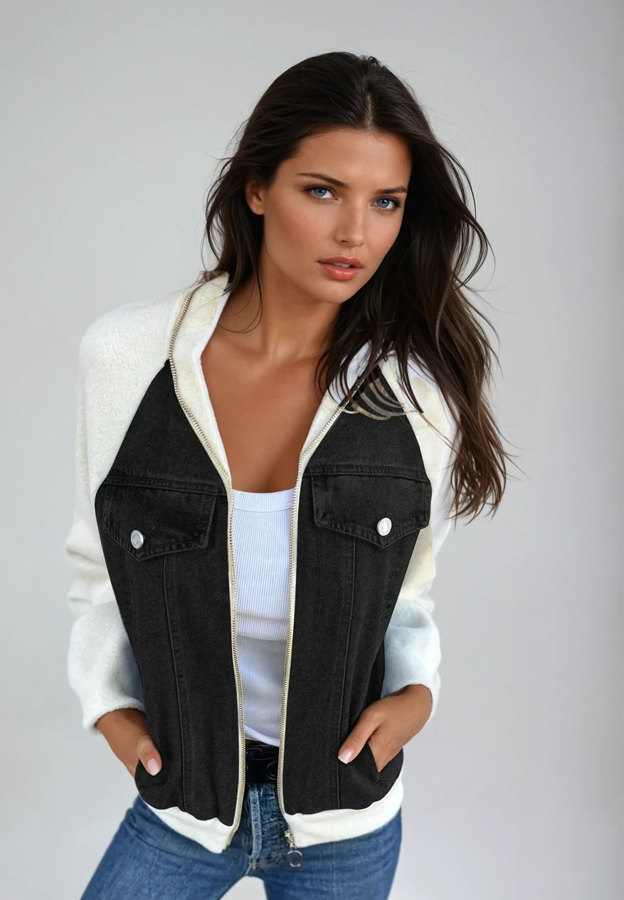 Dam Bomberjacka Klassisk Denim med Stickade Ärmar 2