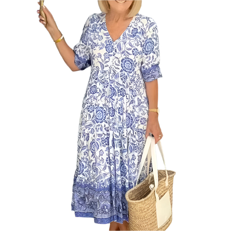 Dam Maxiklänning V-Ausschnitt Bohemisk Blommönster Lätta Tyger 0