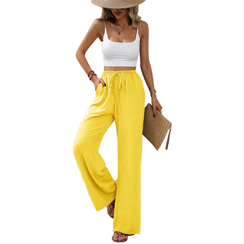 Dam Mjukisbyxor Hög Midja Elastisk Material med Raka Ben och Fickor 10