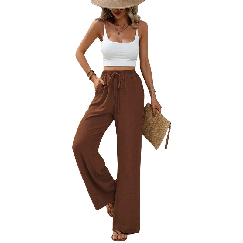 Dam Mjukisbyxor Hög Midja Elastisk Material med Raka Ben och Fickor 11