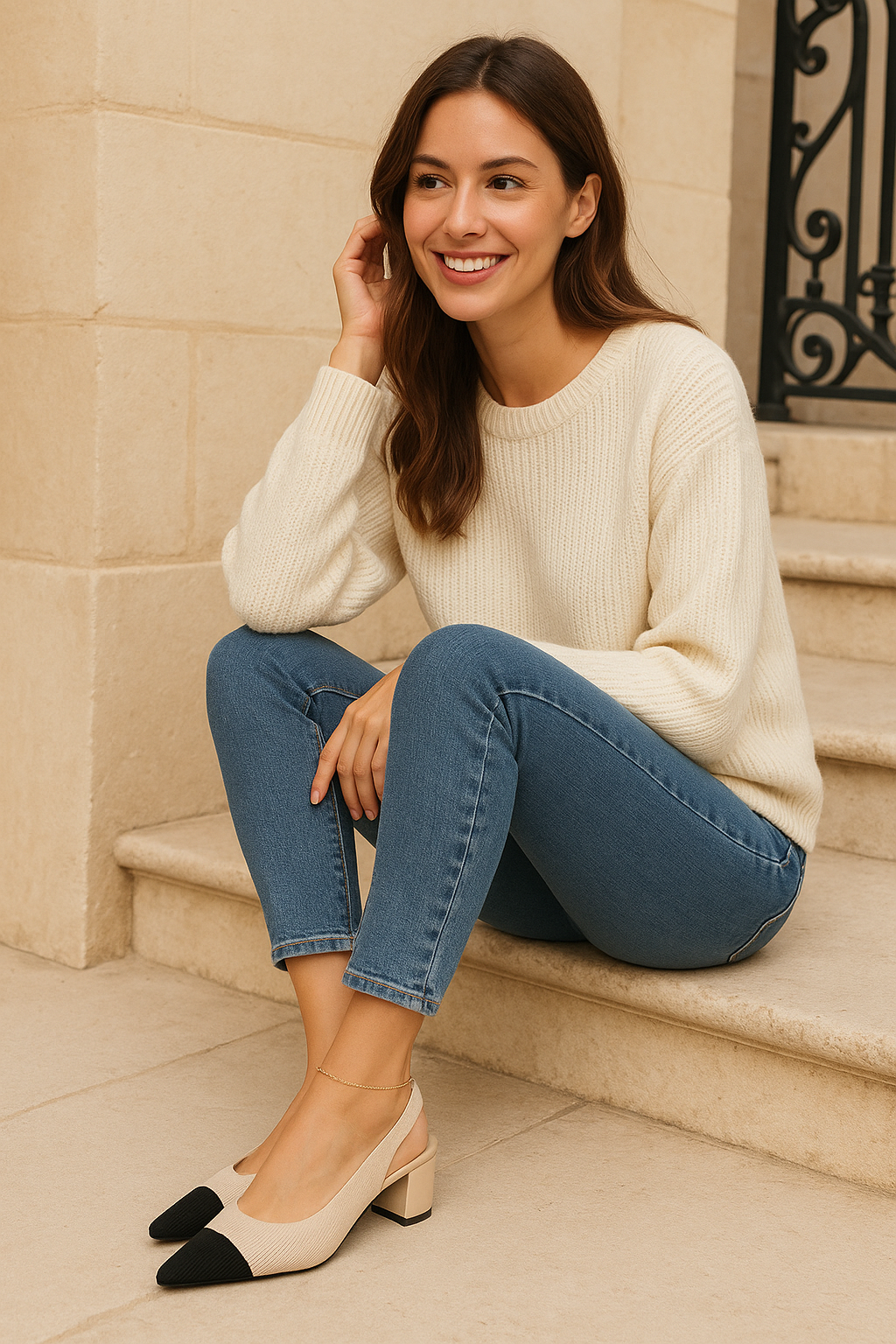 Dam Slingback Skor Spetsig Tå Låg Blockklack Mjuk Stickad Struktur 2