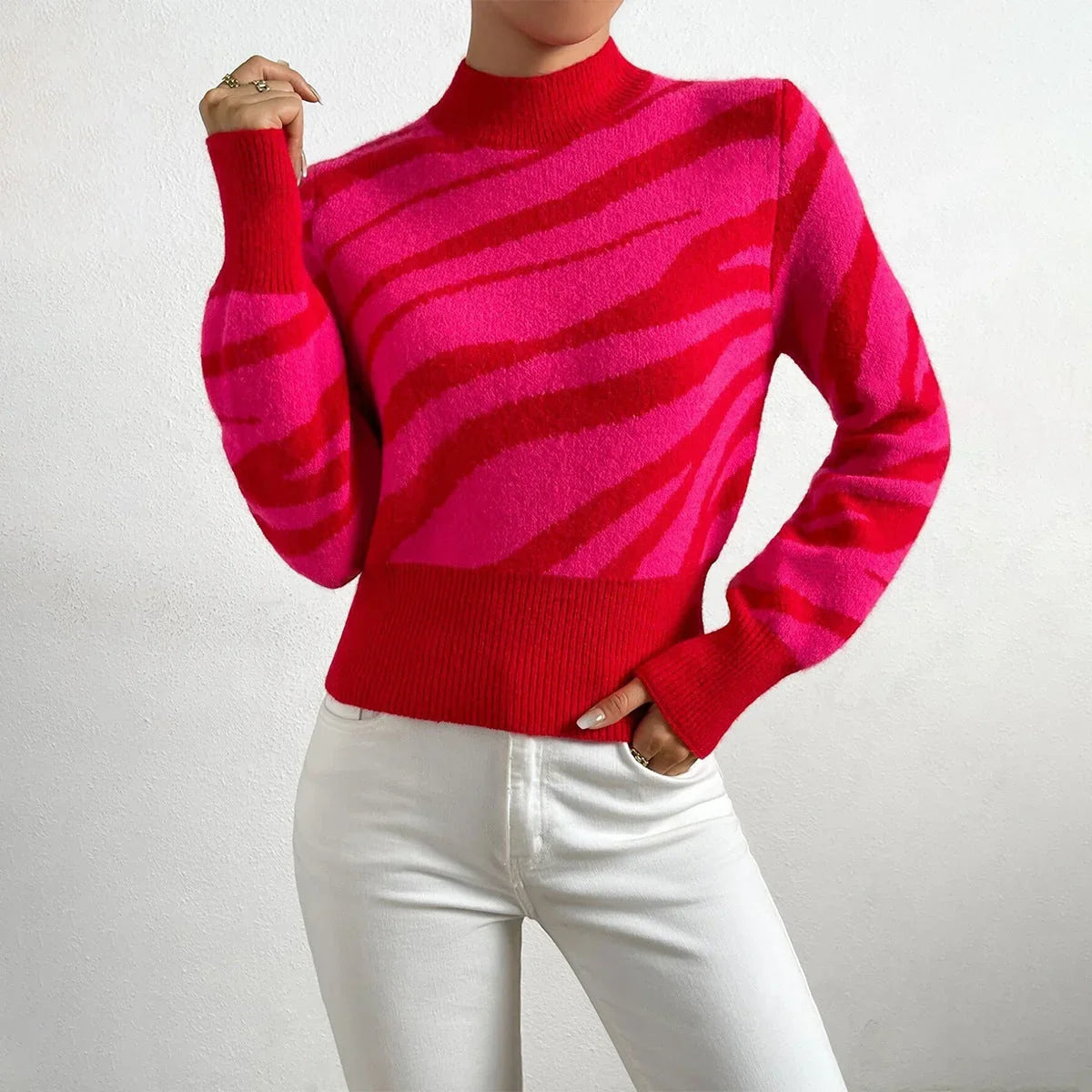 Dam Stickad Tröja Zebramönster Halvhög Hals Trendig 1