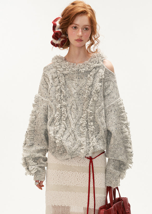 Dam Tjock Stickad Tröja med Kall Axel 1