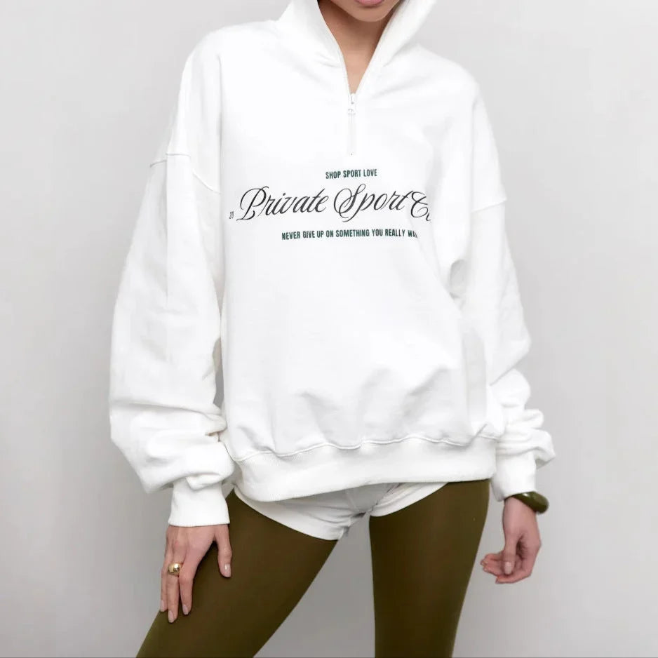 Dam Tröja Oversized Med Halv Dragkedja och Djärvt Bokstavstryck 0