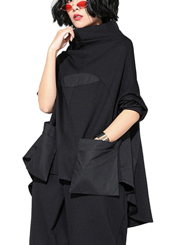 Dam Turtleneck Tröja med Fickor och Patchwork Avslappnad Passform 0