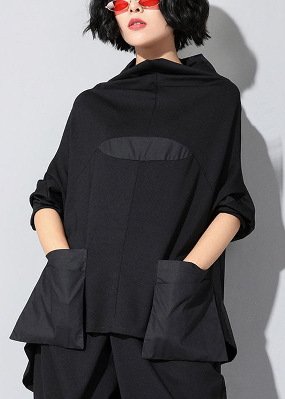 Dam Turtleneck Tröja med Fickor och Patchwork Avslappnad Passform 1