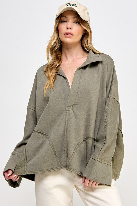 Dam V-Neck Dolman Sleeve Pullover i Grön 1