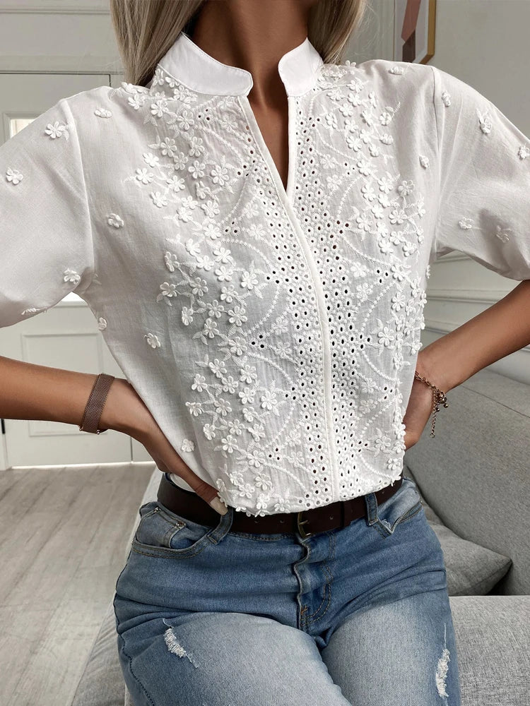 Dam V-ringad Blommig Broderad Blus 2