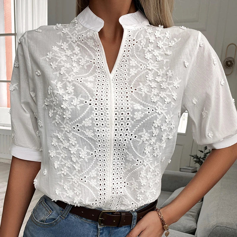 Dam V-ringad Blommig Broderad Blus 5