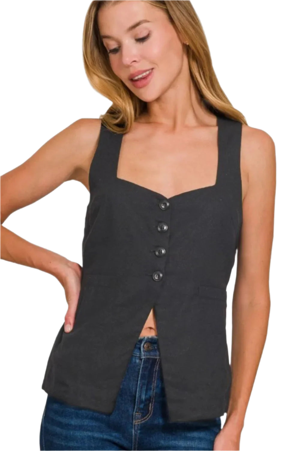 Dam Väst Stickad Knytning 4-Knappar Linne 0