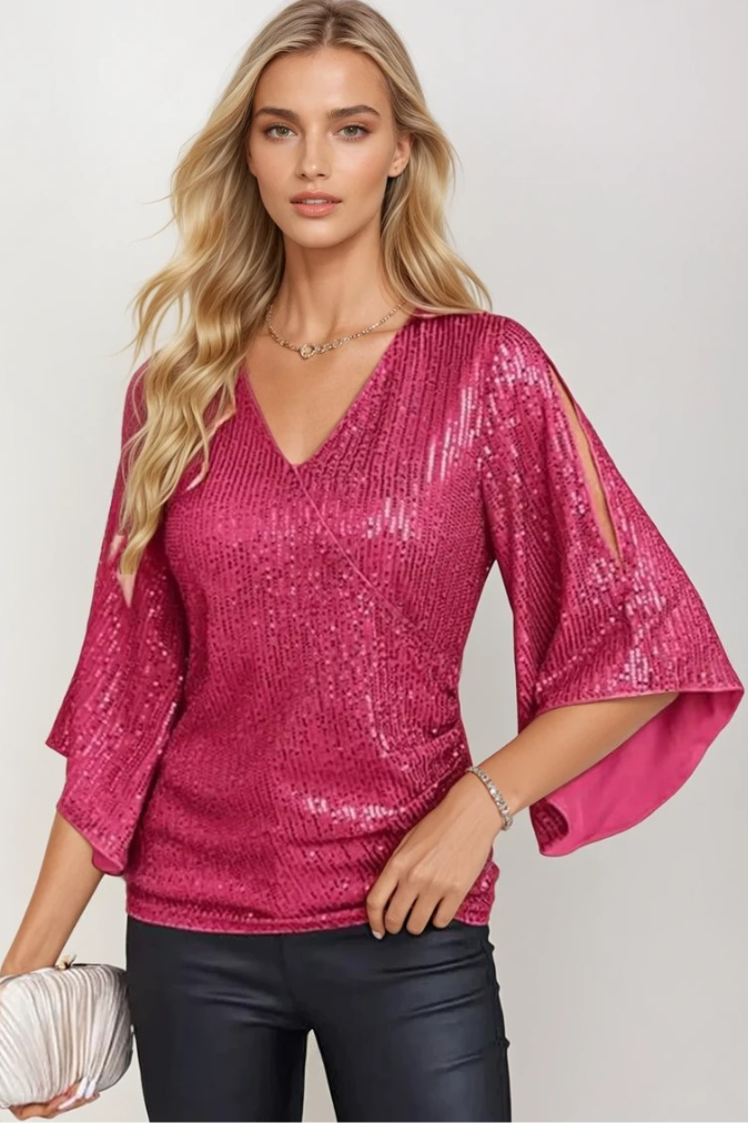 Dam Wrap Blus Glittrande Polyester med Flödande Ärmar 4