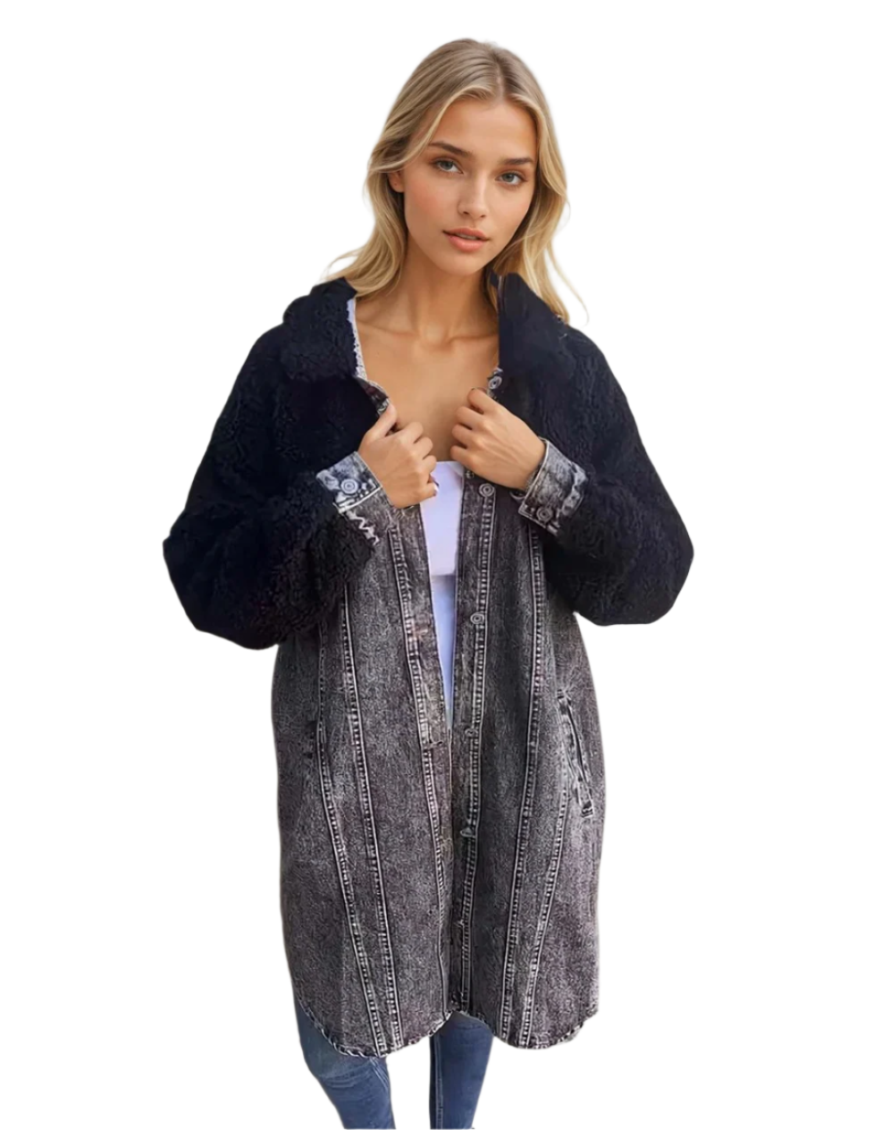 Damens Denim Överrock med Ulldetaljer 0