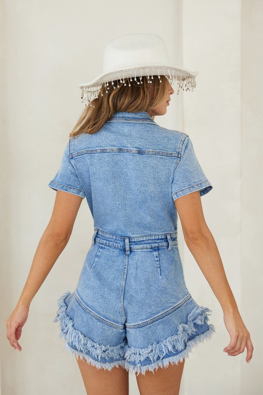 Damens Denim Romper Med Knappar och Fransad Kant 3