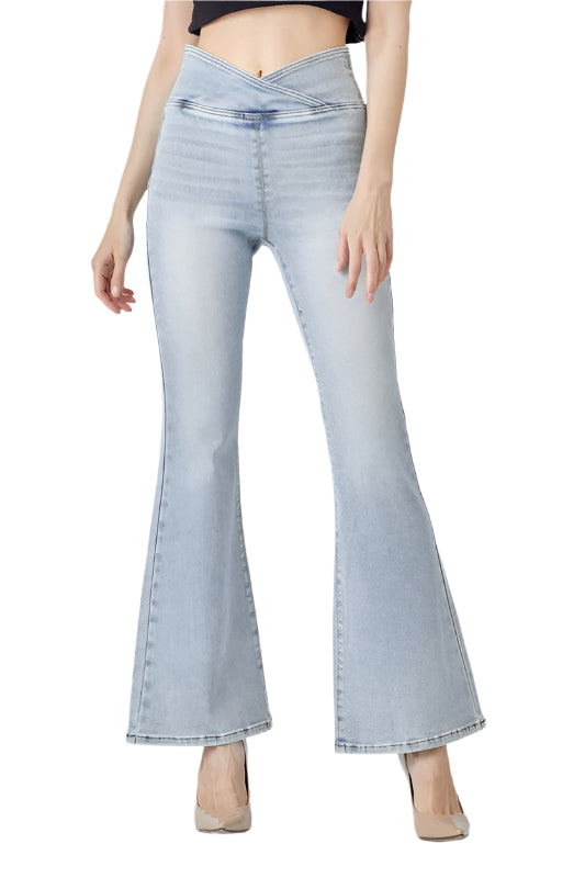 Damens Hög Midja Byxor Flair Ljus Denim 0