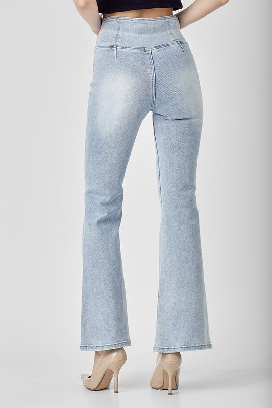 Damens Hög Midja Byxor Flair Ljus Denim 3