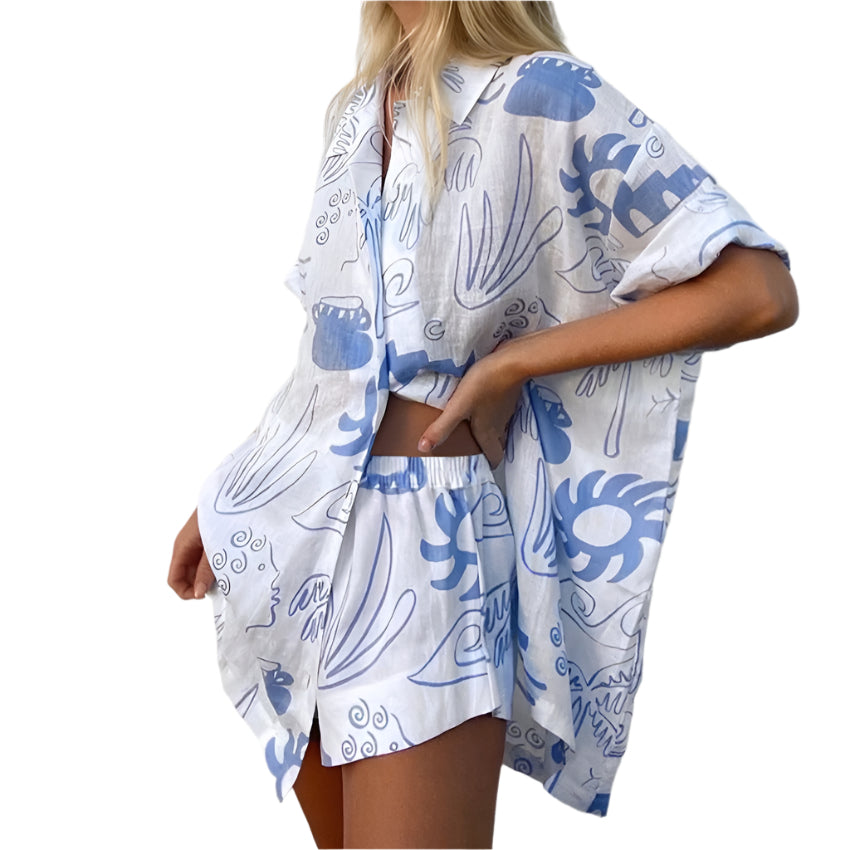 Damens Matching Set Oversized Skjorta och Avslappnade Shorts 0