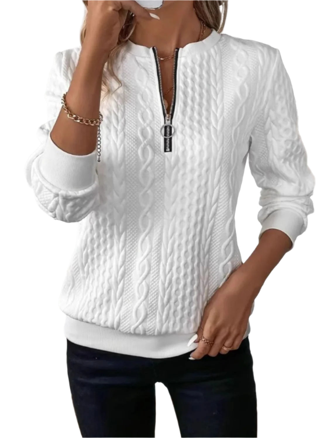 Damens Sweatshirt med Halv Dragkedja och Textur 0