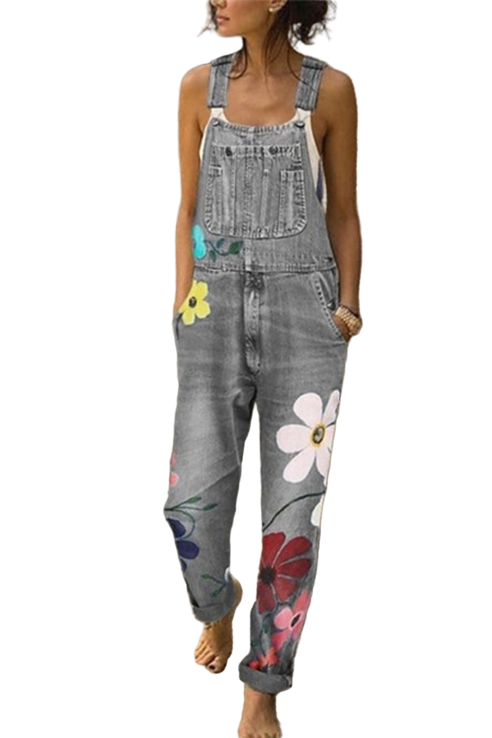 Damernas Ärmellösa Denim-Overall med Blommotiv 0