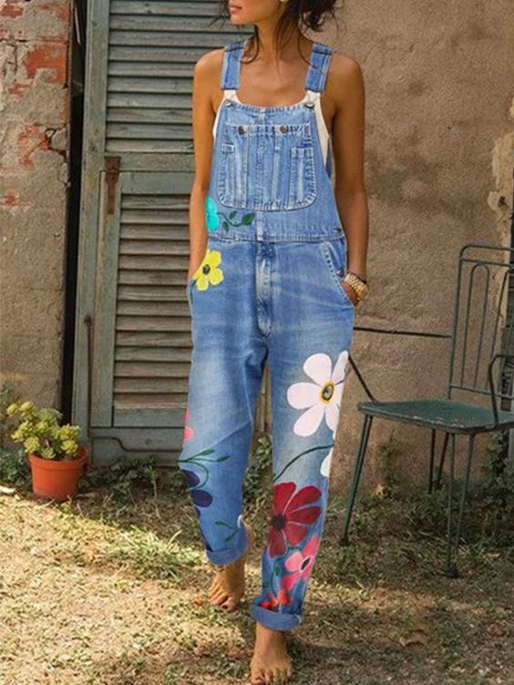 Damernas Ärmellösa Denim-Overall med Blommotiv 2