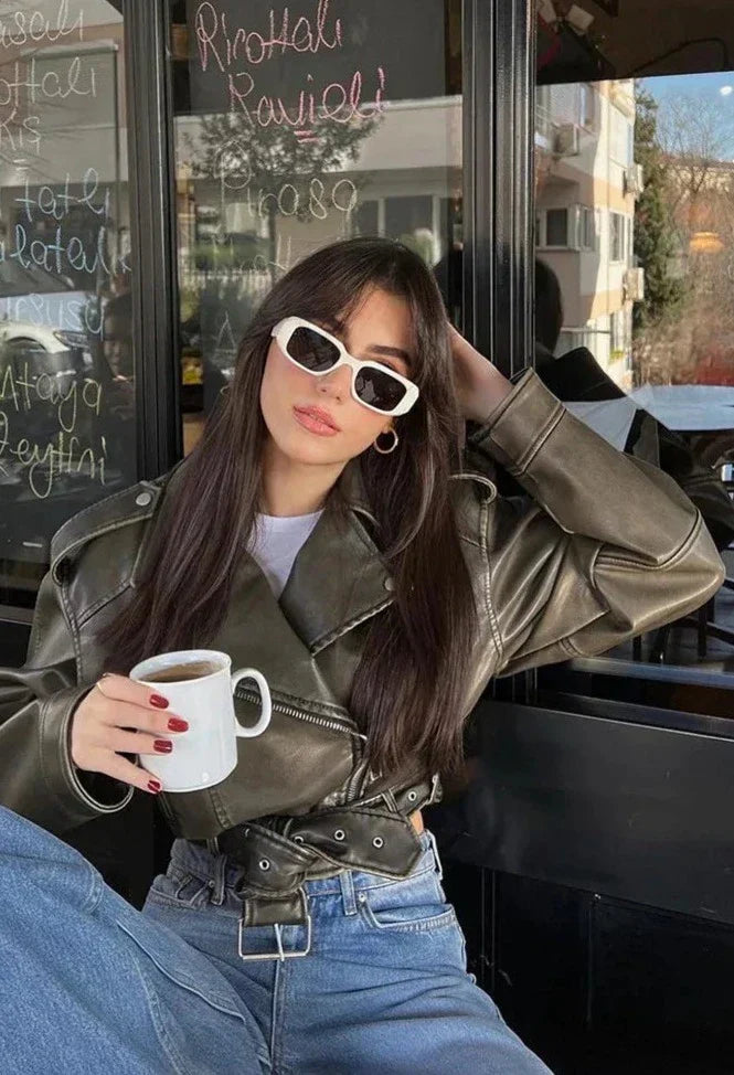 Damernas Kort Bikerjacka Modern Stil 1