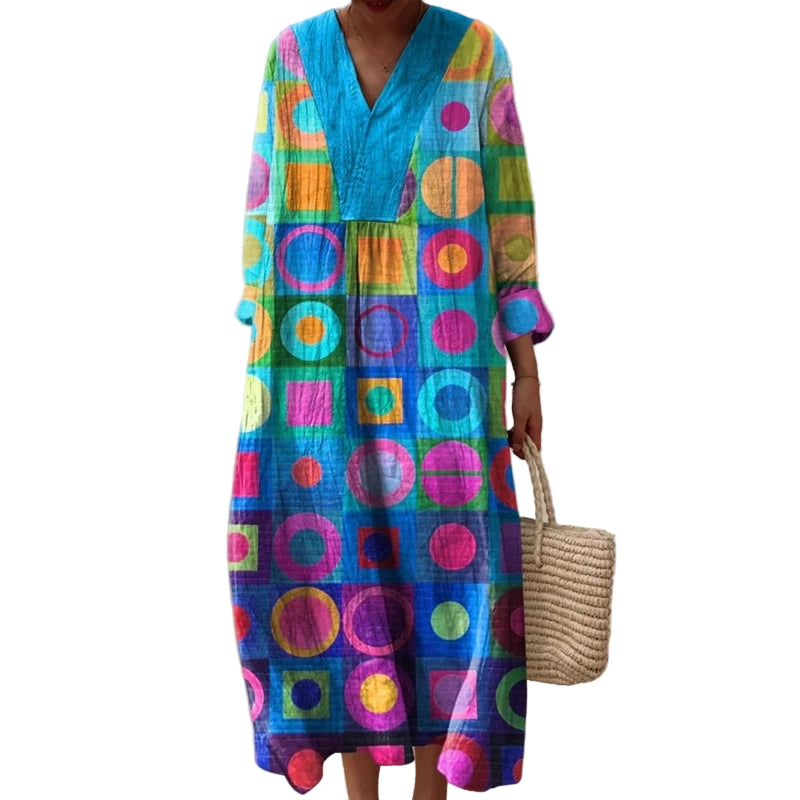 Damernas Långärmad Klänning V-ringad Färgblock Mjuk Material 0