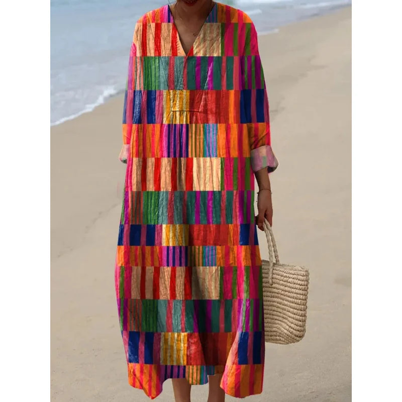 Damernas Långärmad Klänning V-ringad Färgblock Mjuk Material 15