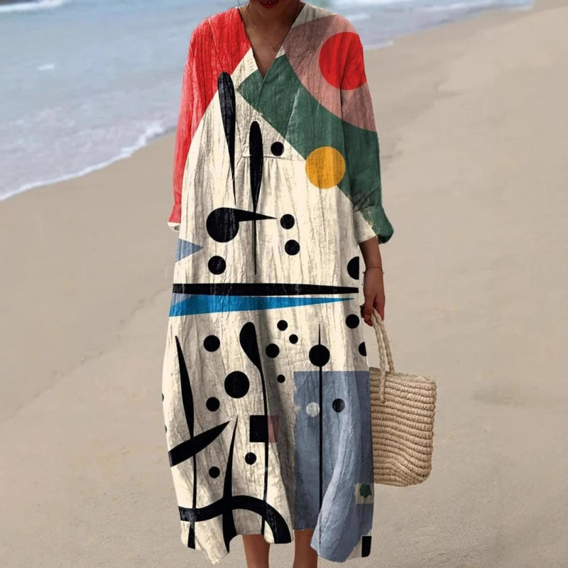 Damernas Långärmad Klänning V-ringad Färgblock Mjuk Material 1