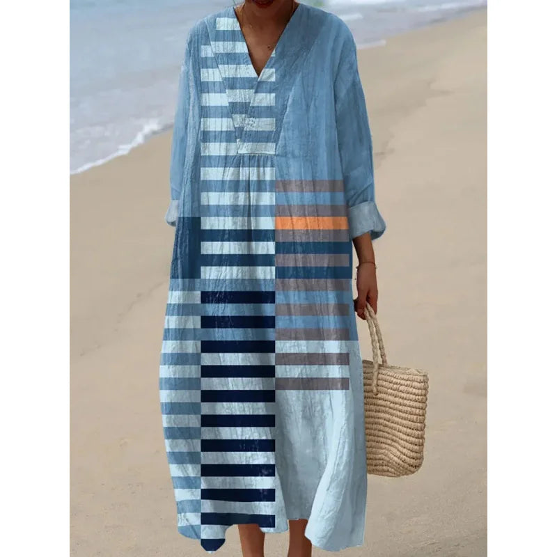 Damernas Långärmad Klänning V-ringad Färgblock Mjuk Material 24