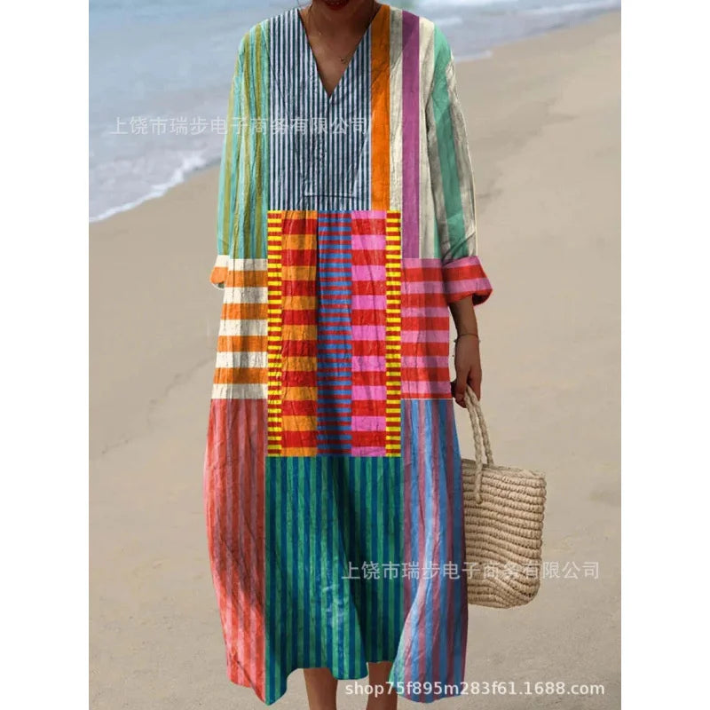 Damernas Långärmad Klänning V-ringad Färgblock Mjuk Material 26