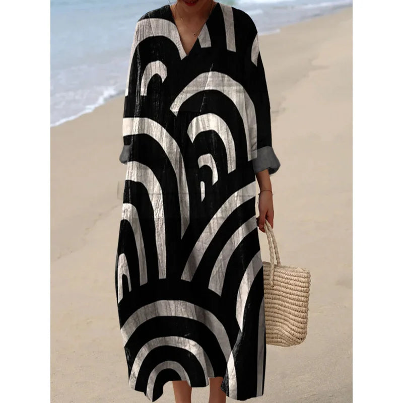 Damernas Långärmad Klänning V-ringad Färgblock Mjuk Material 28