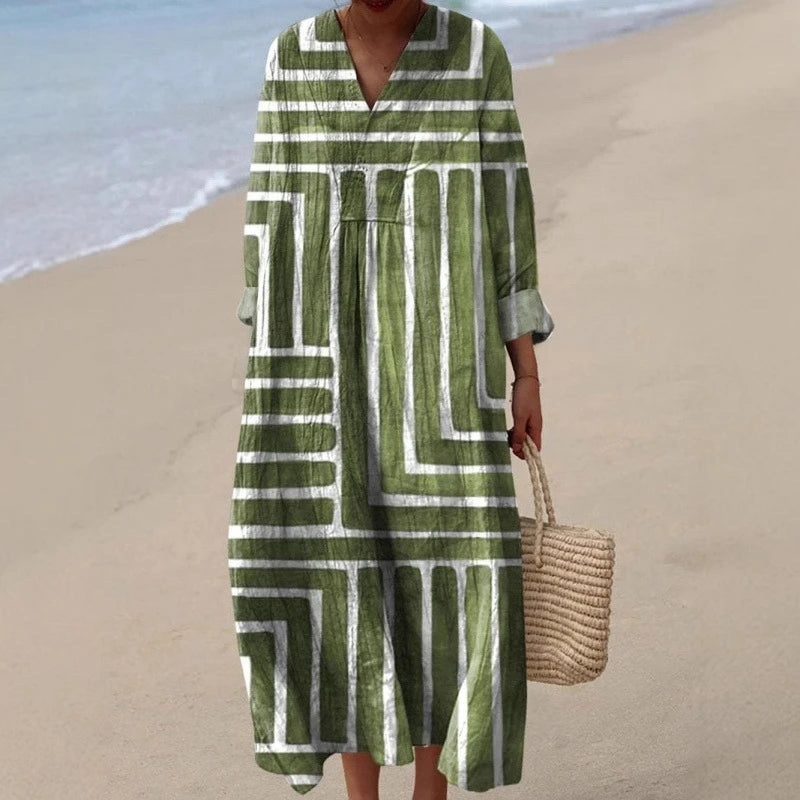 Damernas Långärmad Klänning V-ringad Färgblock Mjuk Material 2