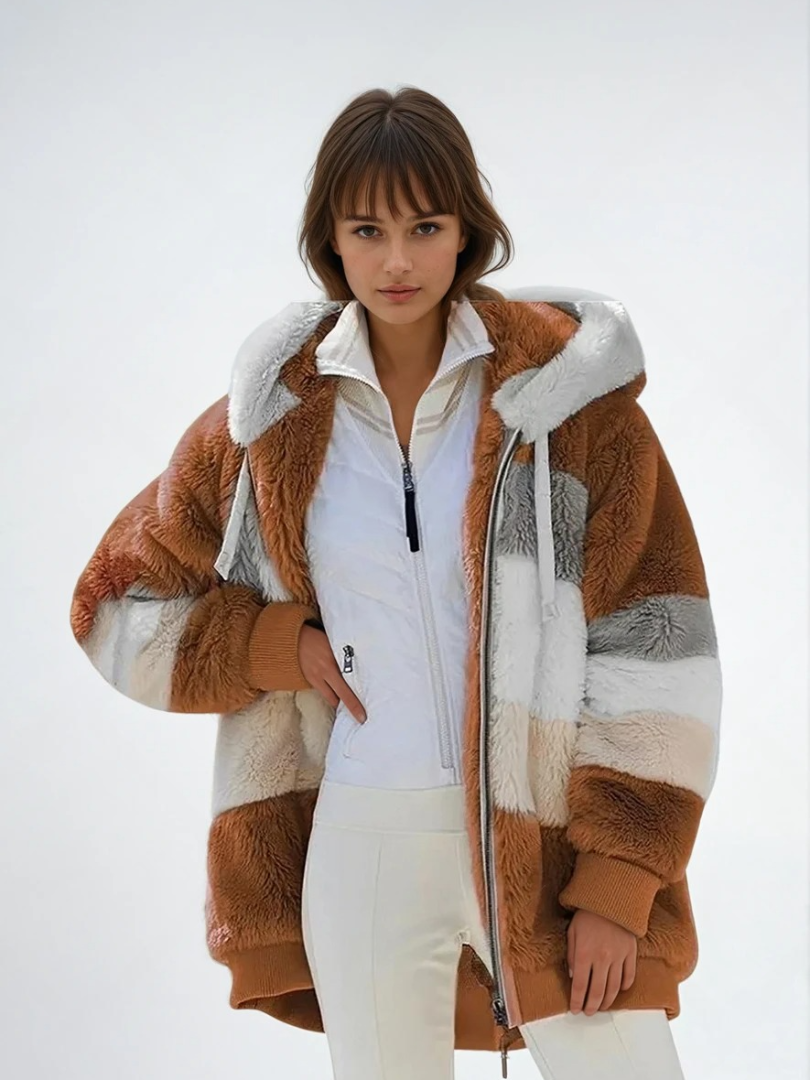 Damernas Padded Plush Coat med Kontrasterande Design 4