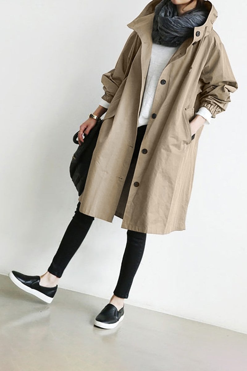 Damernas Trenchcoat med Huva och Vattentålig Design 4