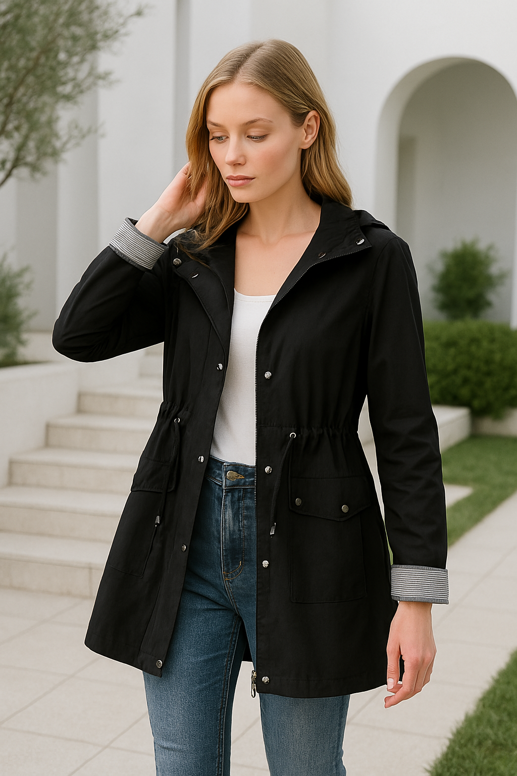 Damjacka med Huva Justerbart Midjeband Vattenavvisande Tyg 2