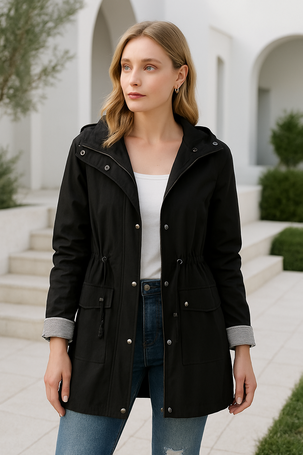 Damjacka med Huva Justerbart Midjeband Vattenavvisande Tyg 3