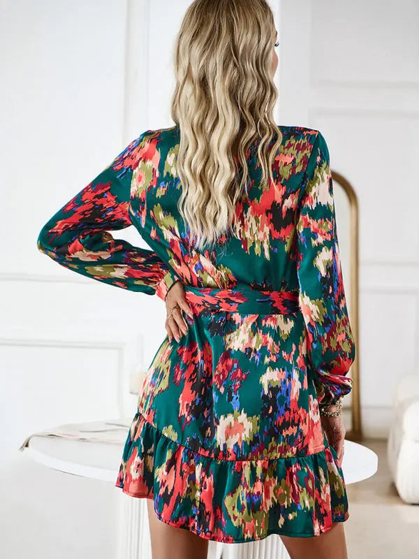 Damklänning V-ringning Med Tryck Midjeband Polyester 8