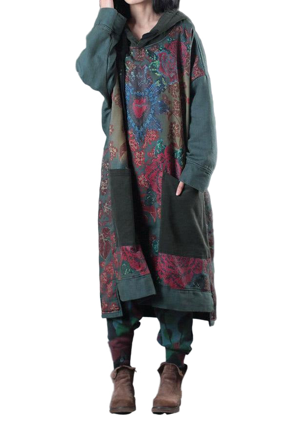 Damklänning med huva och dragsko i modern grön tryck 0