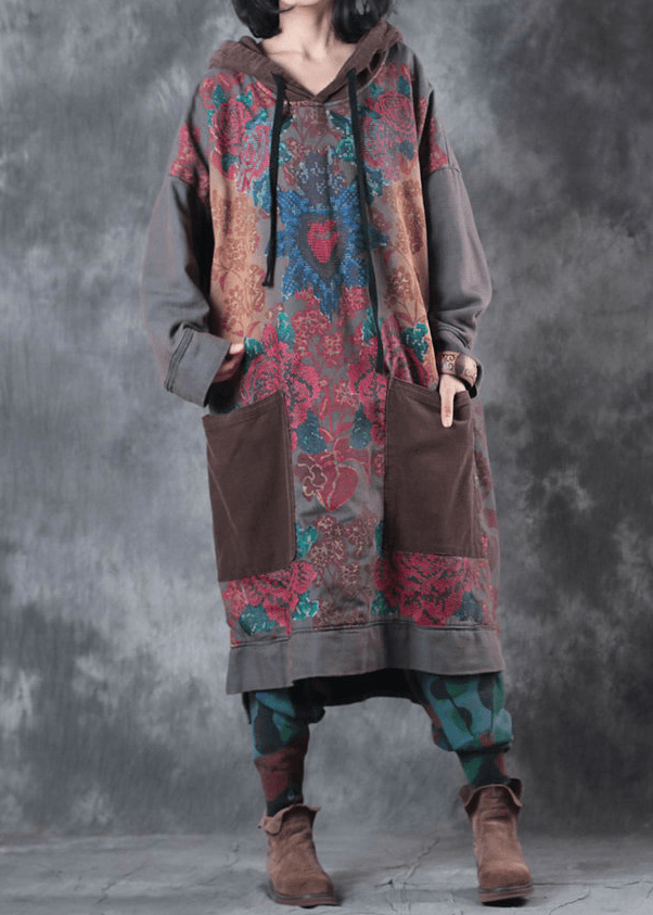 Damklänning med huva och dragsko i modern grön tryck 4