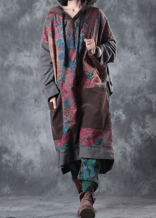 Damklänning med huva och dragsko i modern grön tryck 5